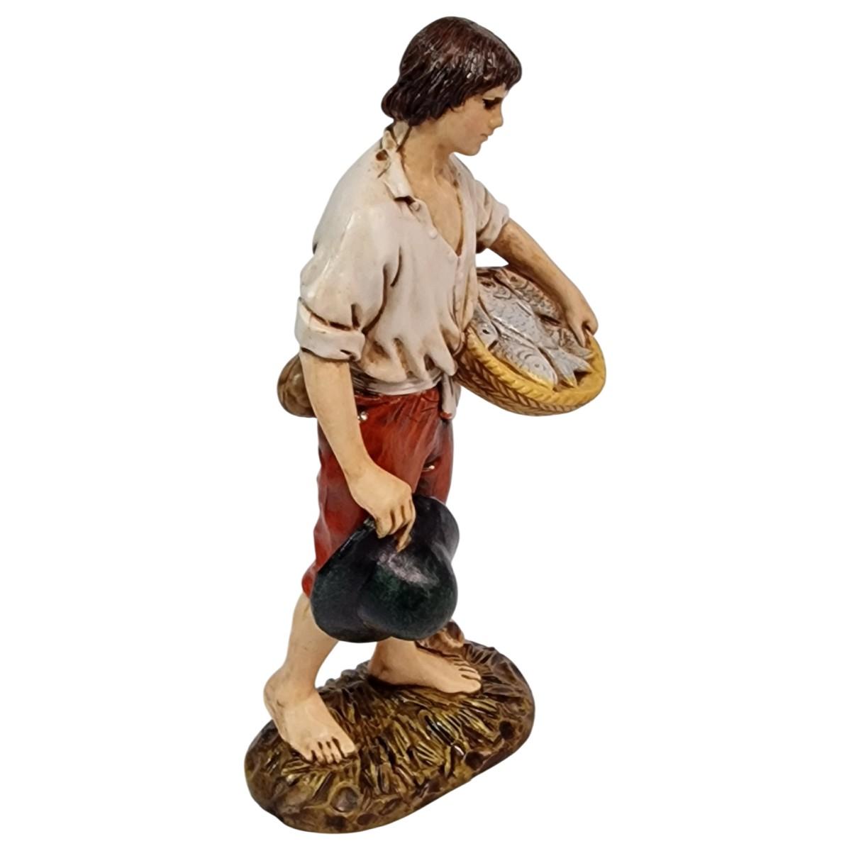 Statua presepe 12 cm pescatore cesta di pesce