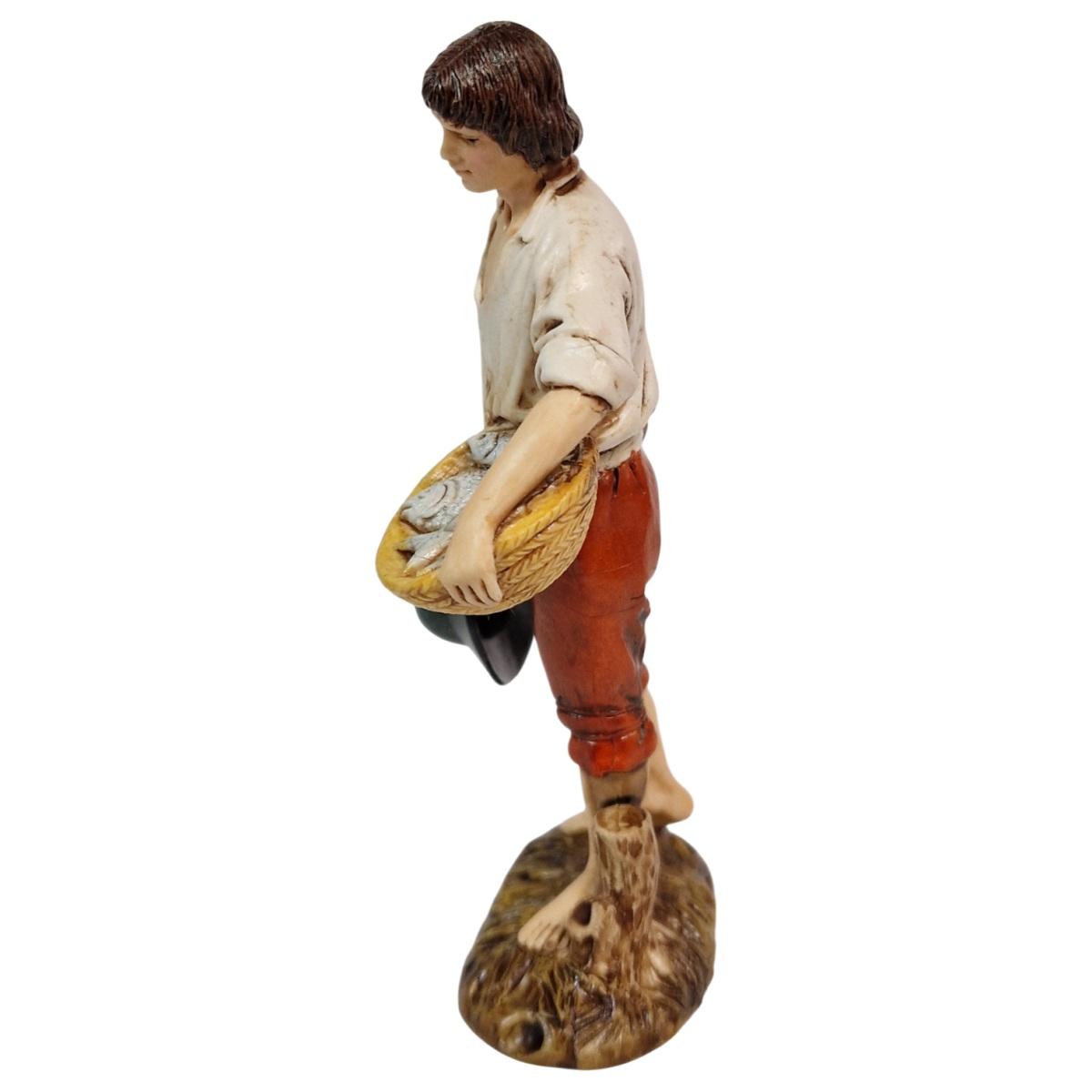 Statua presepe 12 cm pescatore cesta di pesce