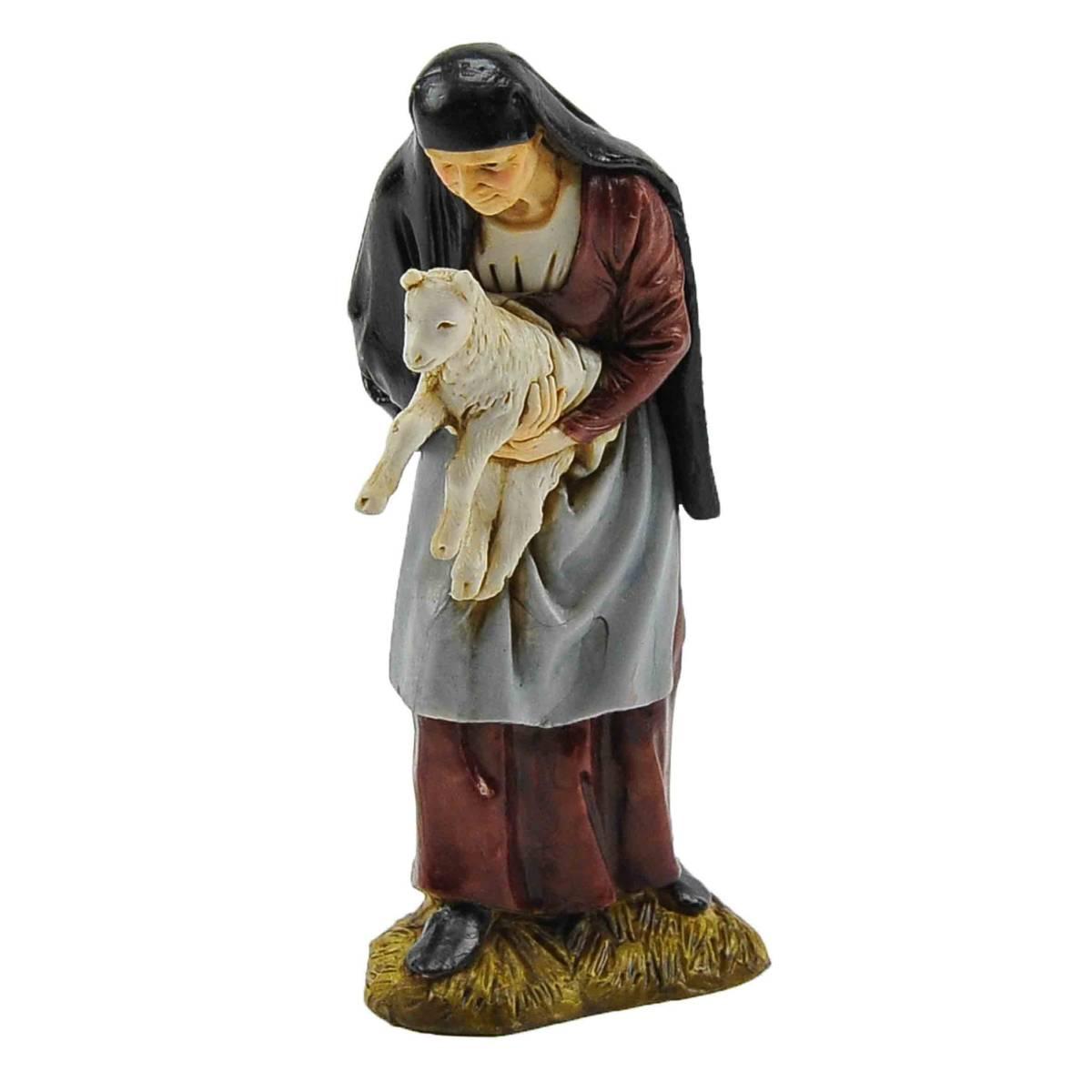 Statua presepe 12 cm vecchia agnello in braccio