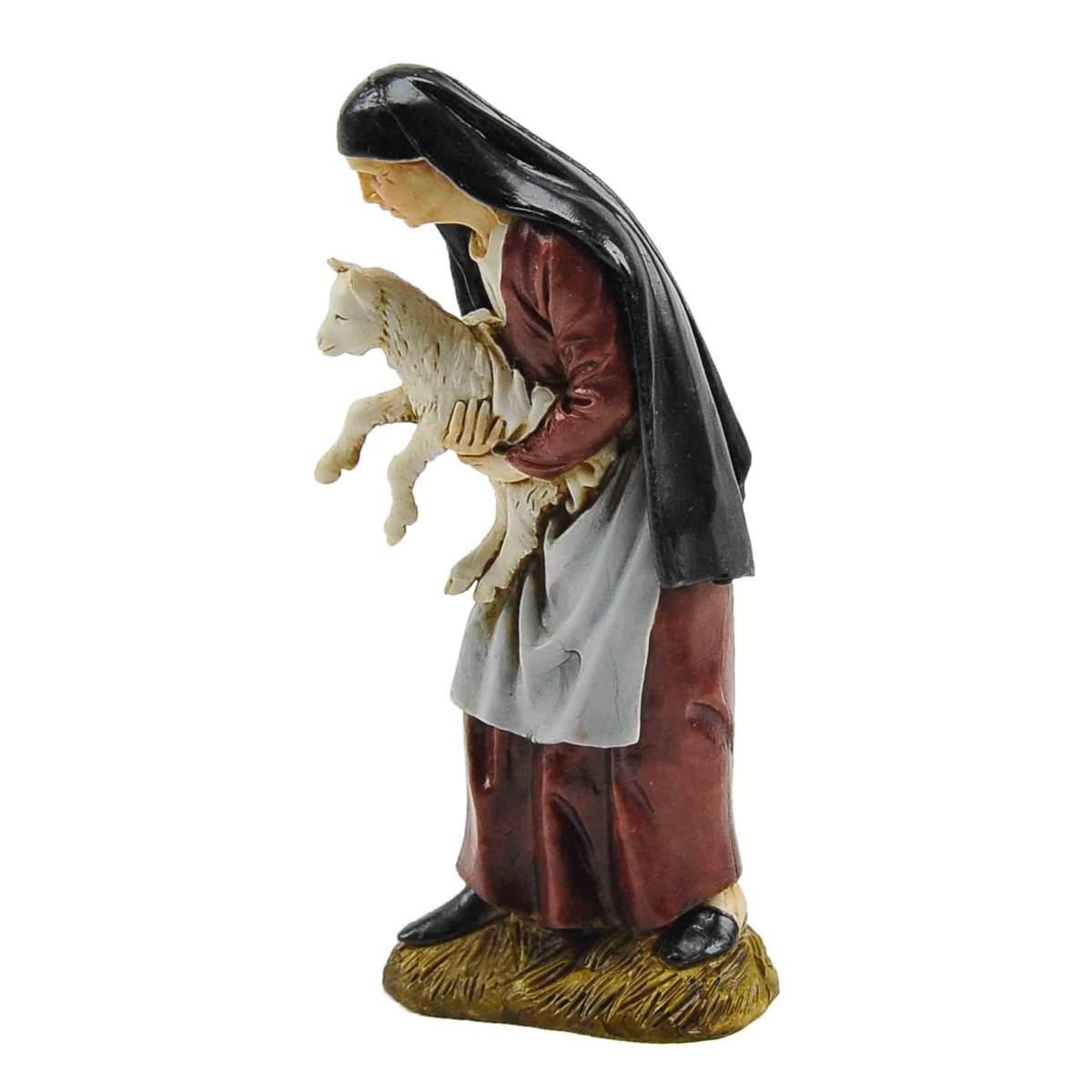Statua presepe 12 cm vecchia agnello in braccio