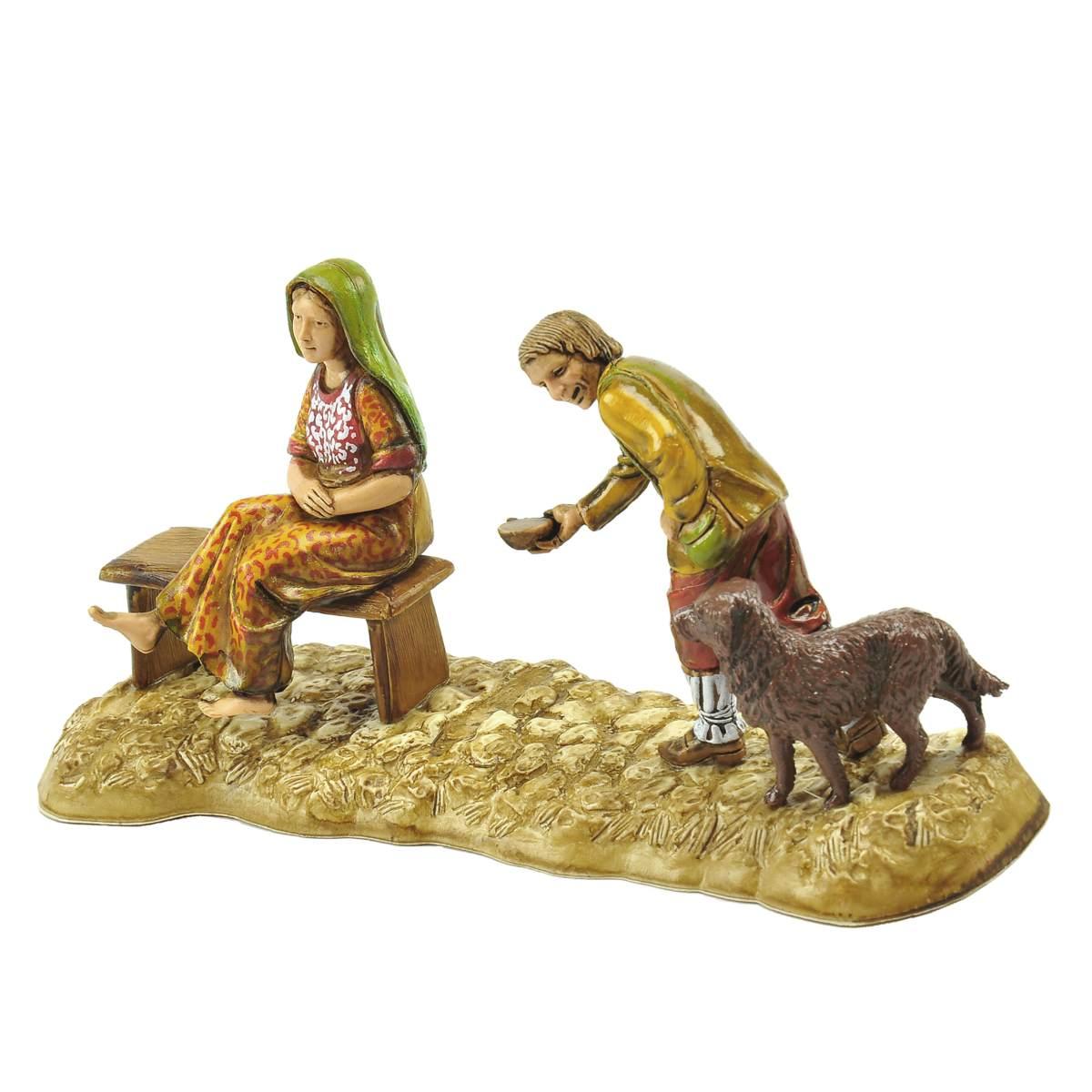 Statua presepe 10 cm donna mendicante cane