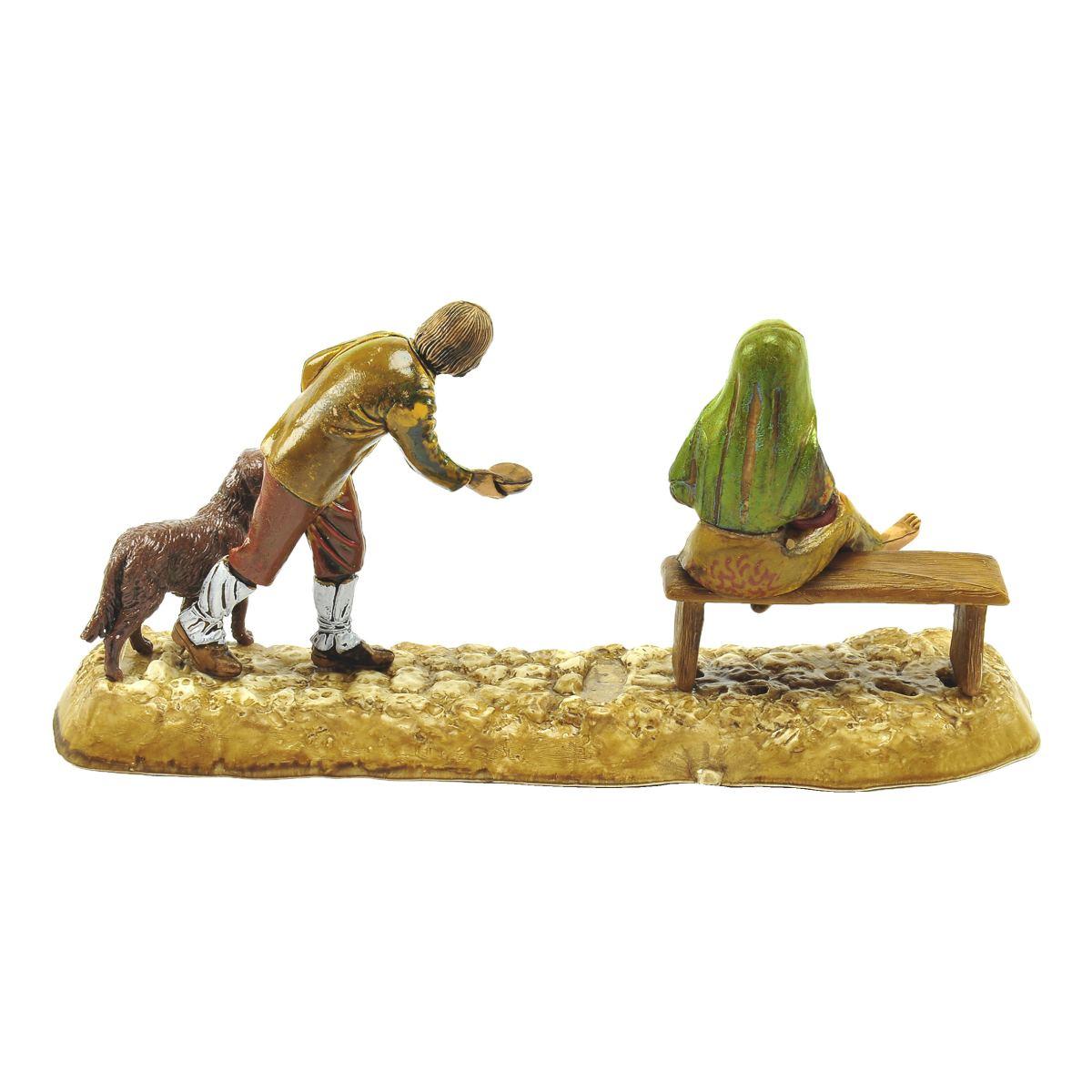Statua presepe 10 cm donna mendicante cane