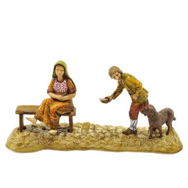 Statua presepe 10 cm donna mendicante cane