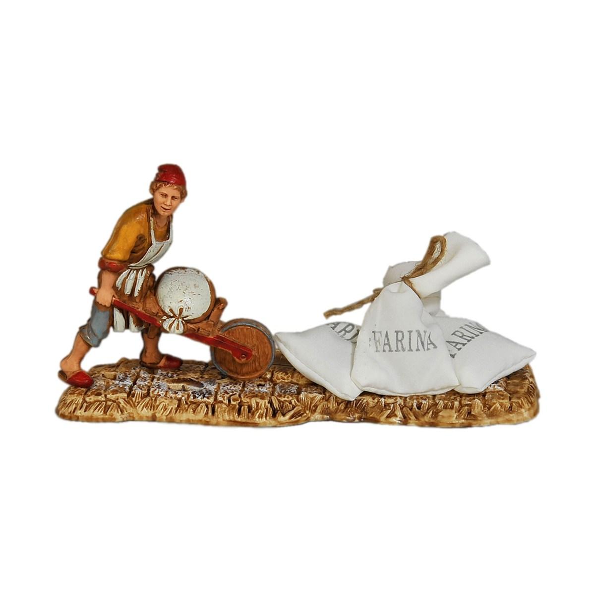 Statua presepe 10 cm fornaio cariola sacchi di farina