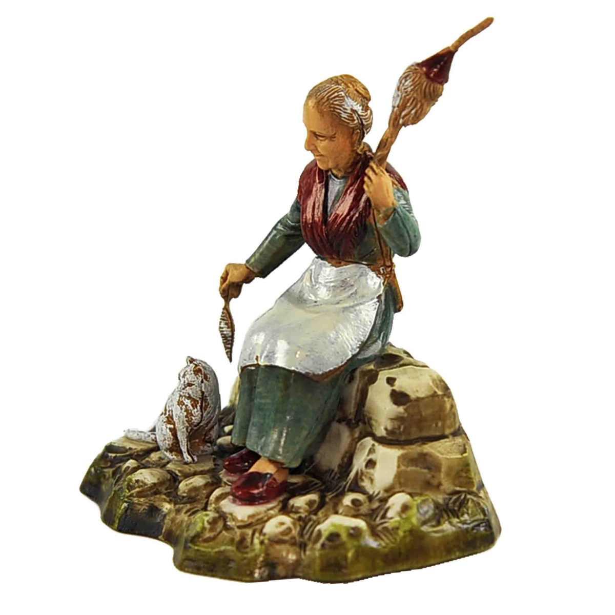 Statua presepe 10 cm filatrice anziana seduta il gatto