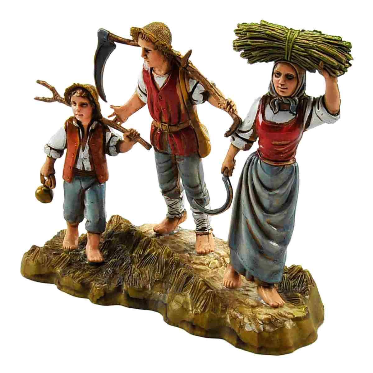 Statua presepe 10 cm famiglia contadina bambino attrezzi da lavoro