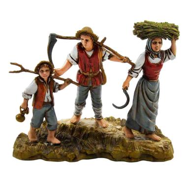 Statua presepe 10 cm famiglia contadina bambino attrezzi da lavoro