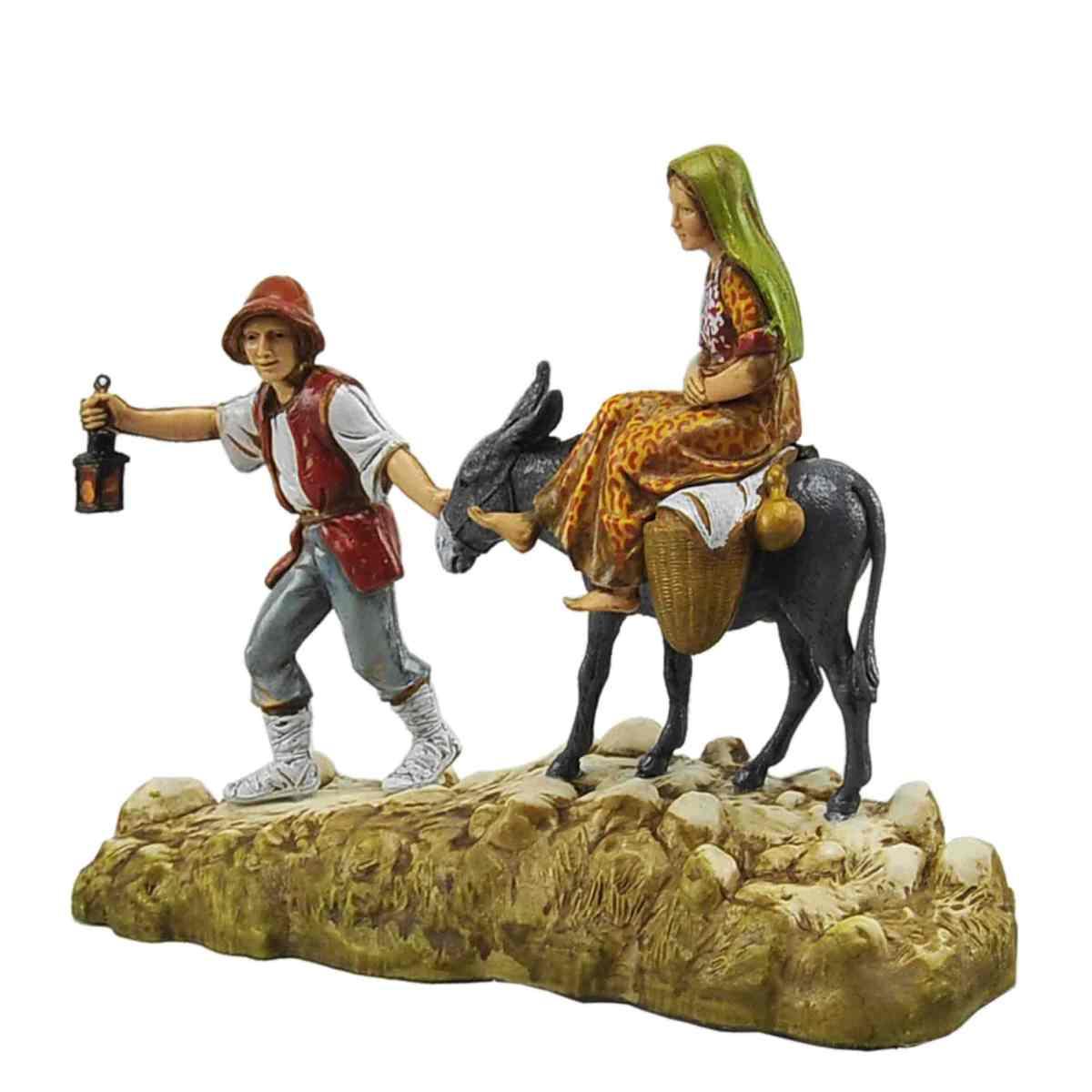 Statua presepe 10 cm uomo in fuga donna su asino