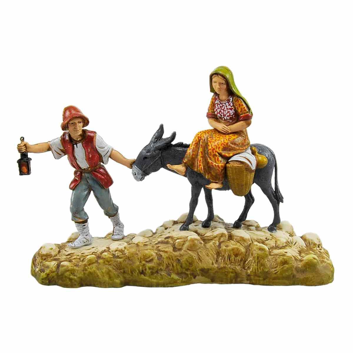 Statua presepe 10 cm uomo in fuga donna su asino