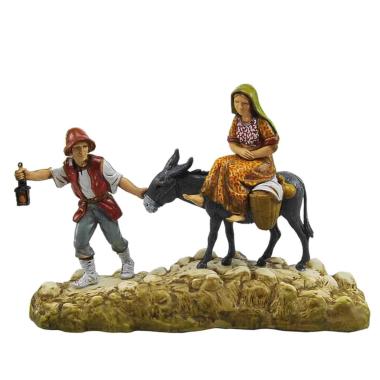 Statua presepe 10 cm uomo in fuga donna su asino
