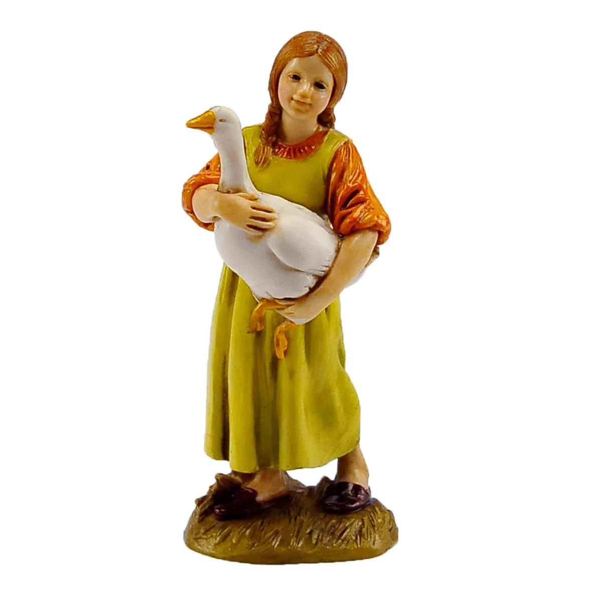 Statua presepe 12 cm bambina oca in braccio