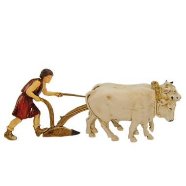 Statua presepe 10 cm contadino con buoi e aratro