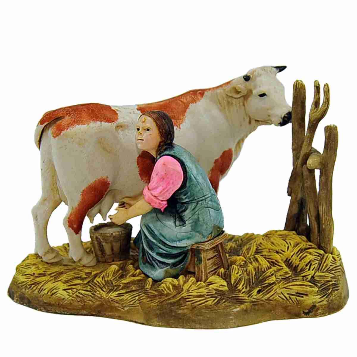 Statua presepe 10 cm mungitrice seduta mucca
