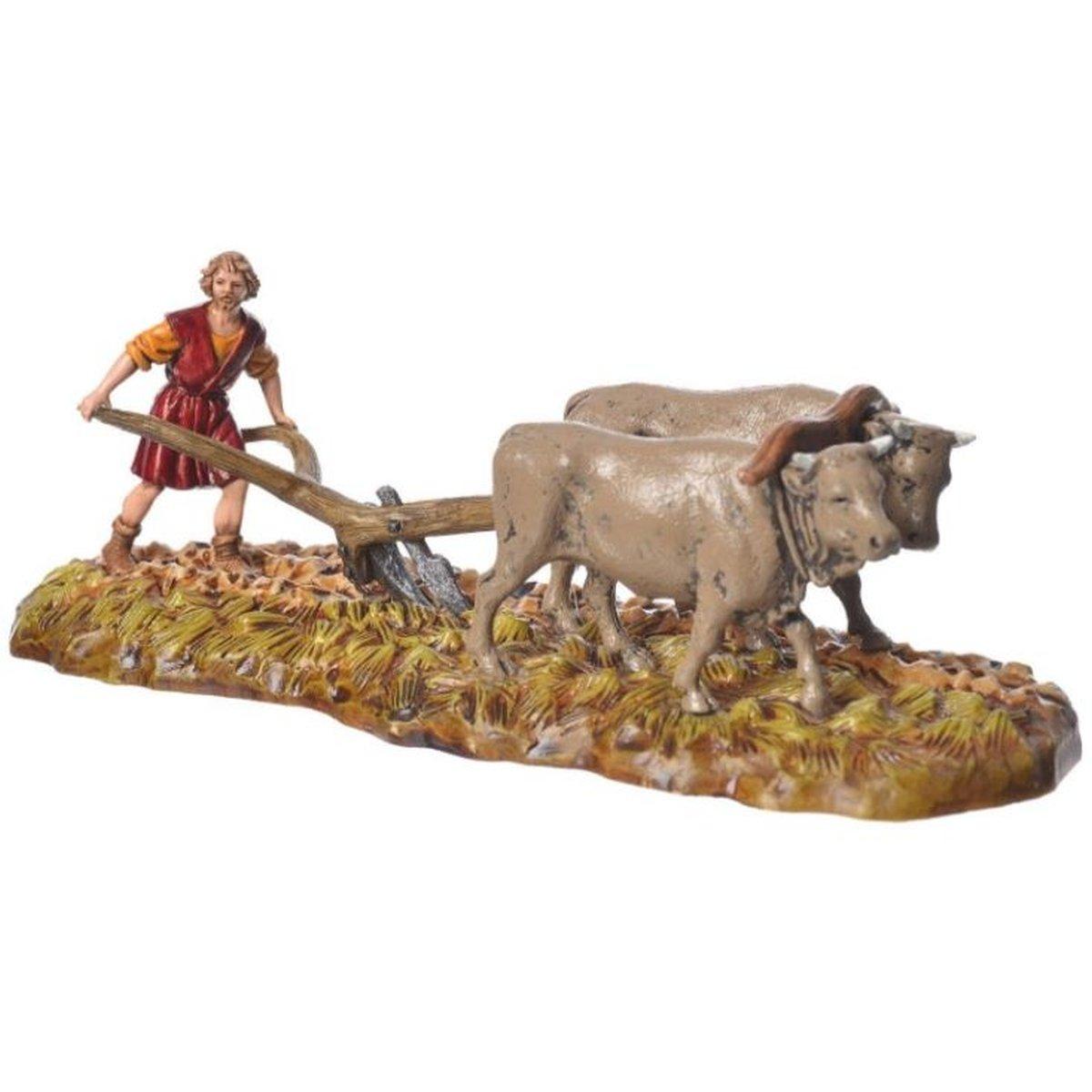 Statua presepe 6 cm contadino due buoi aratro