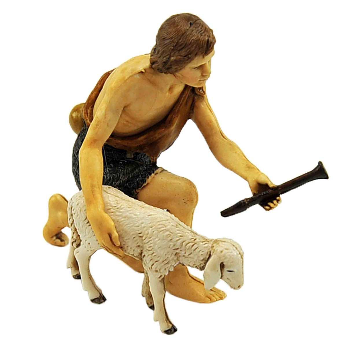 Statua presepe 13 cm pastore inginocchiato pecora