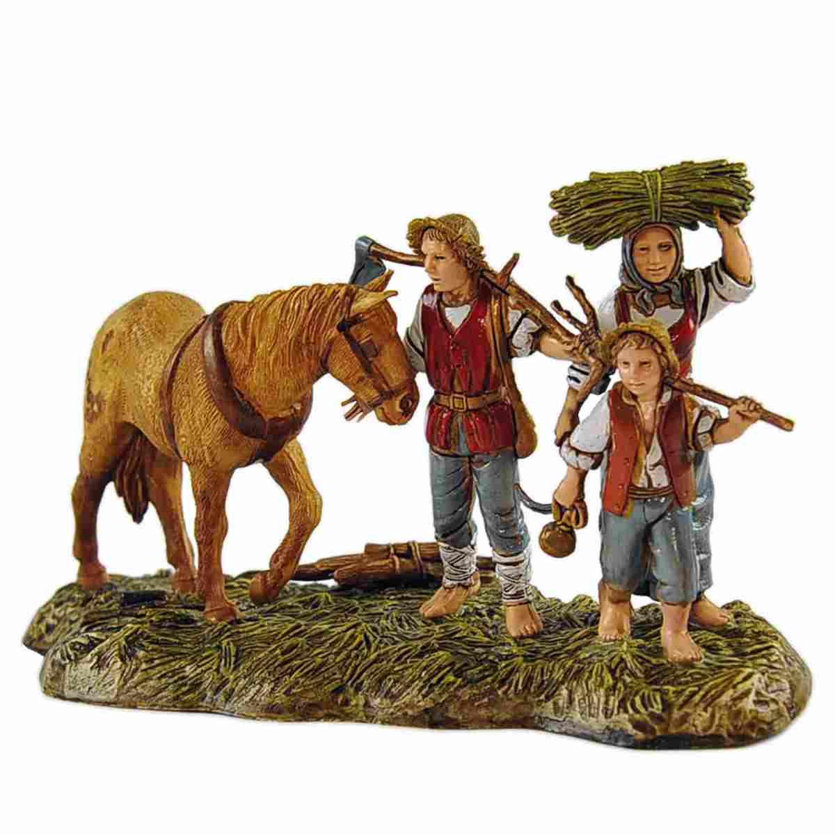 Statua presepe 10 cm famiglia contadini attrezzi cavallo