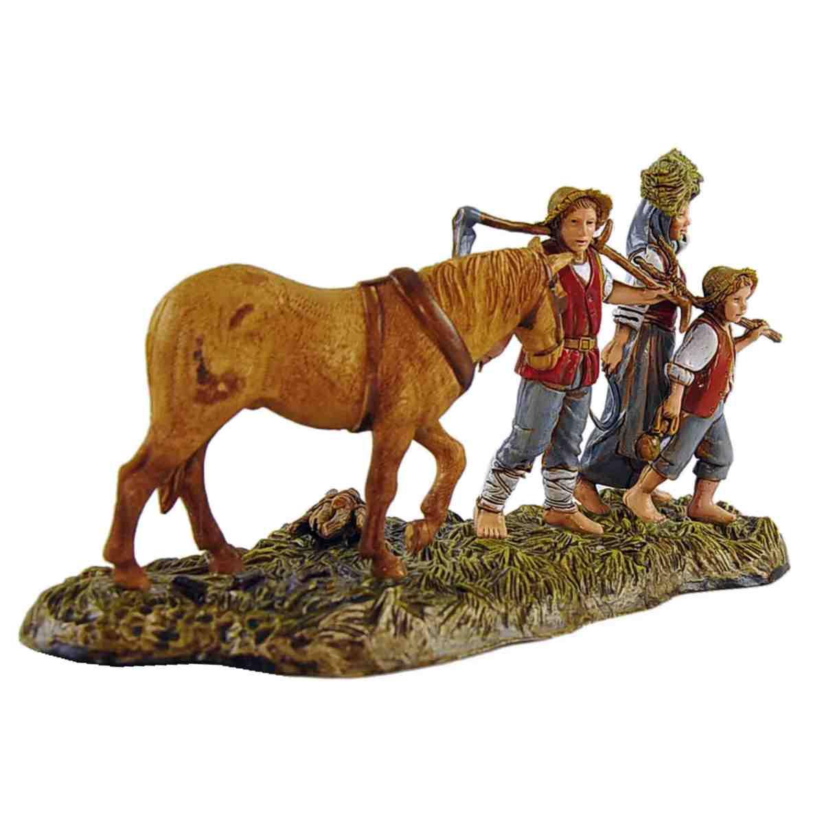 Statua presepe 10 cm famiglia contadini attrezzi cavallo