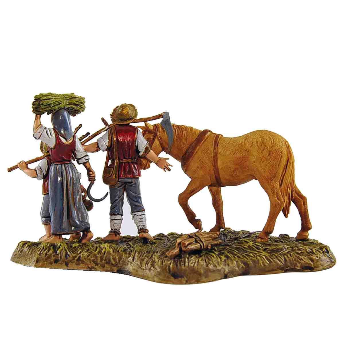 Statua presepe 10 cm famiglia contadini attrezzi cavallo