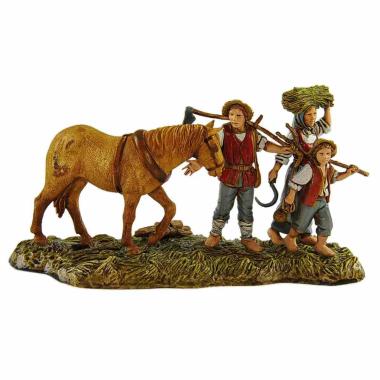 Statua presepe 10 cm famiglia contadini attrezzi cavallo