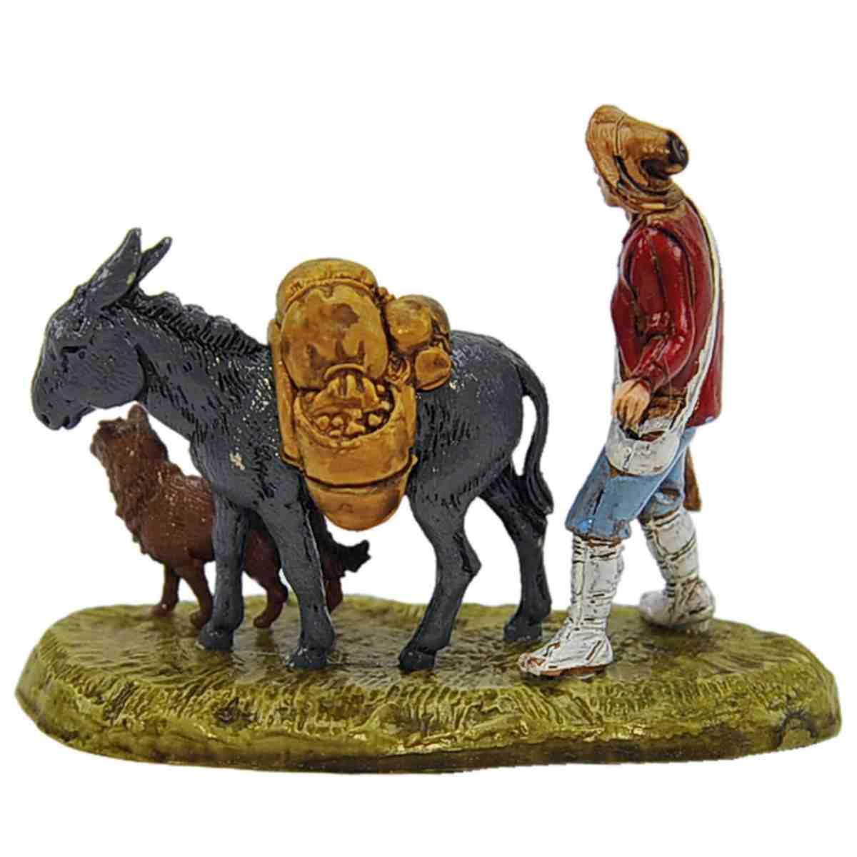 Statua presepe 6 cm uomo asino cane