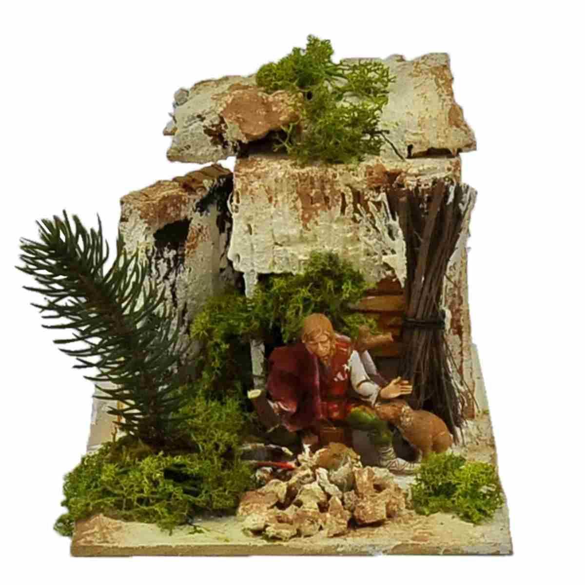 Statua presepe 10 cm uomo cane al fuoco movimento