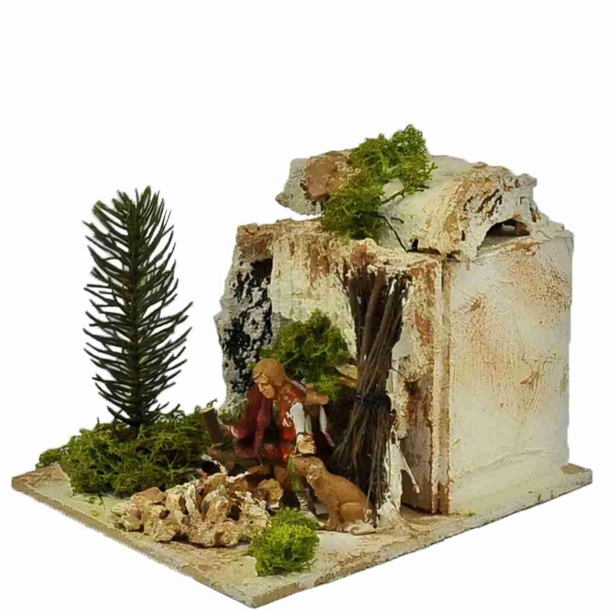 Statua presepe 10 cm uomo cane al fuoco movimento