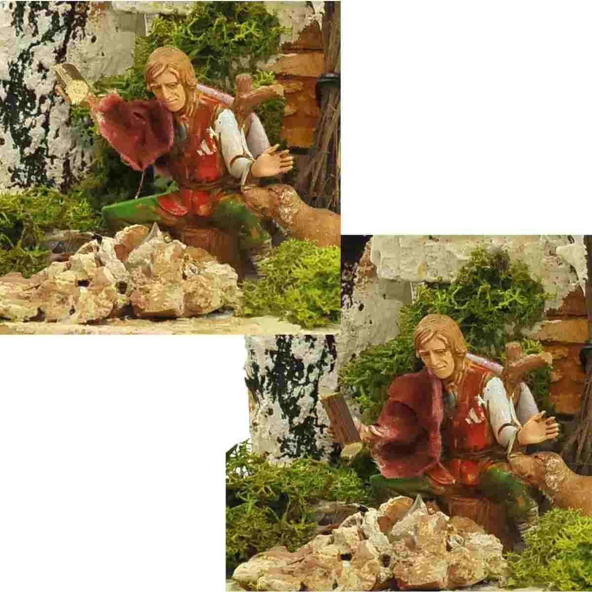 Statua presepe 10 cm uomo cane al fuoco movimento