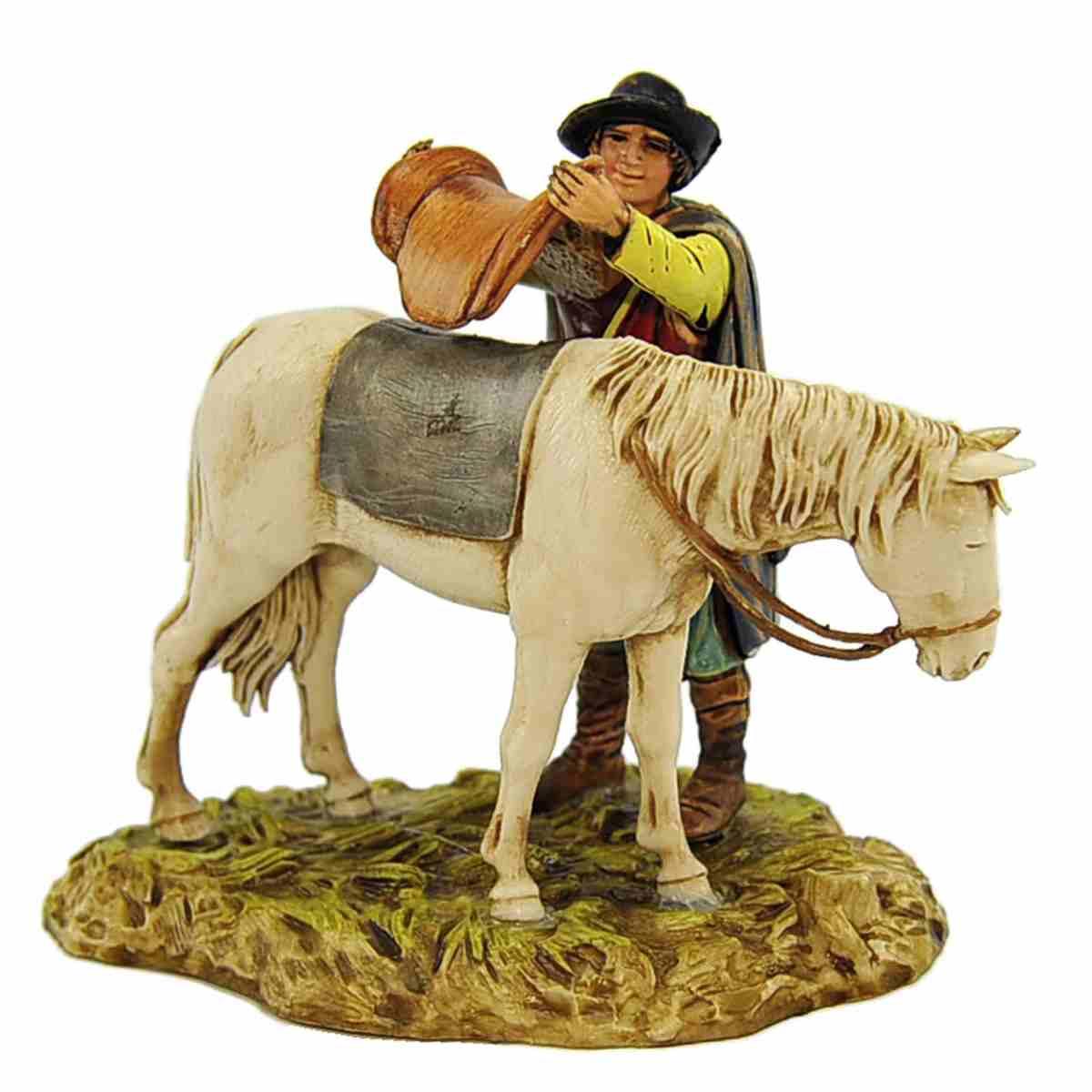 Statua presepe 10 cm uomo che sella il cavallo