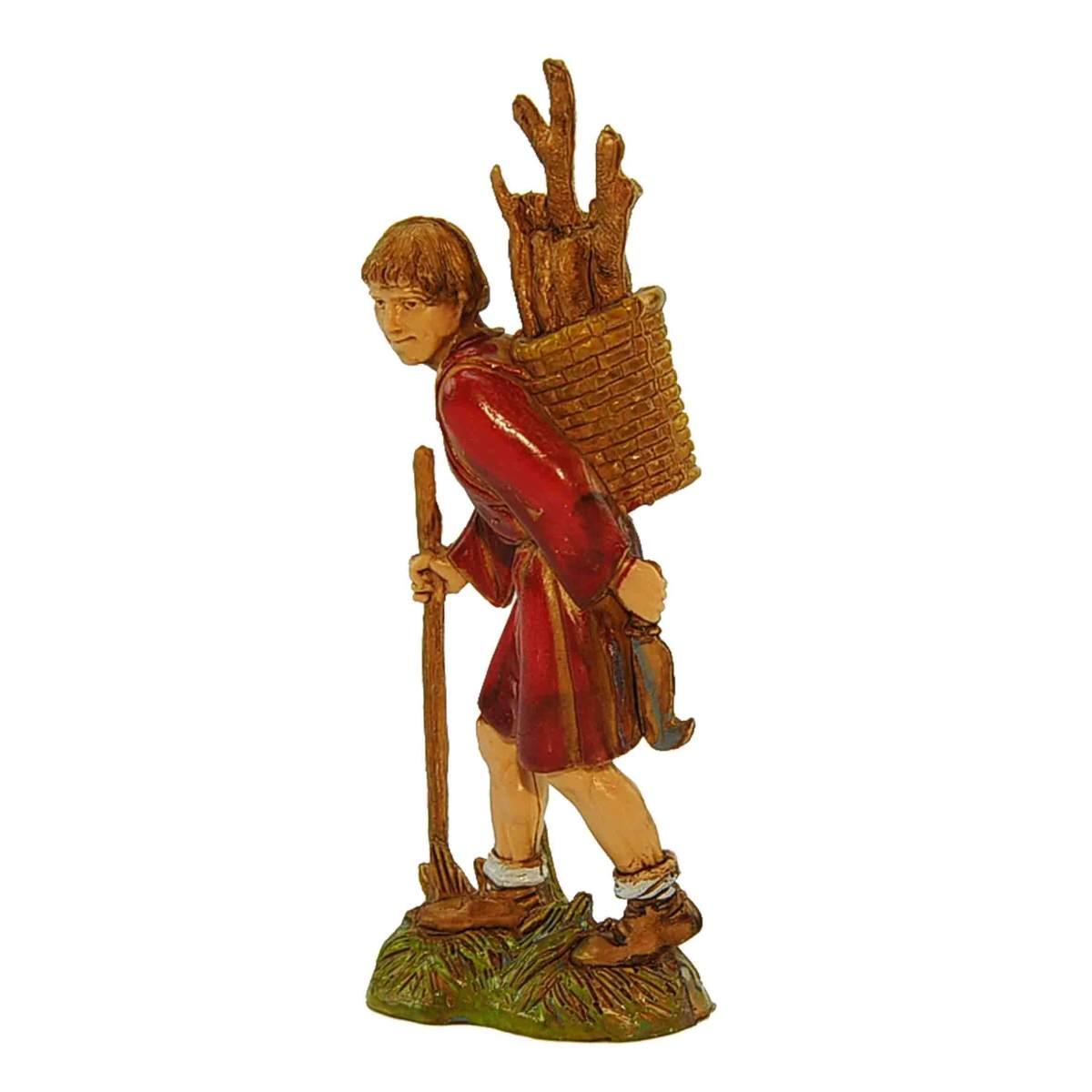 Statua presepe 10 cm legnaiolo bastone cesta sulle spalle