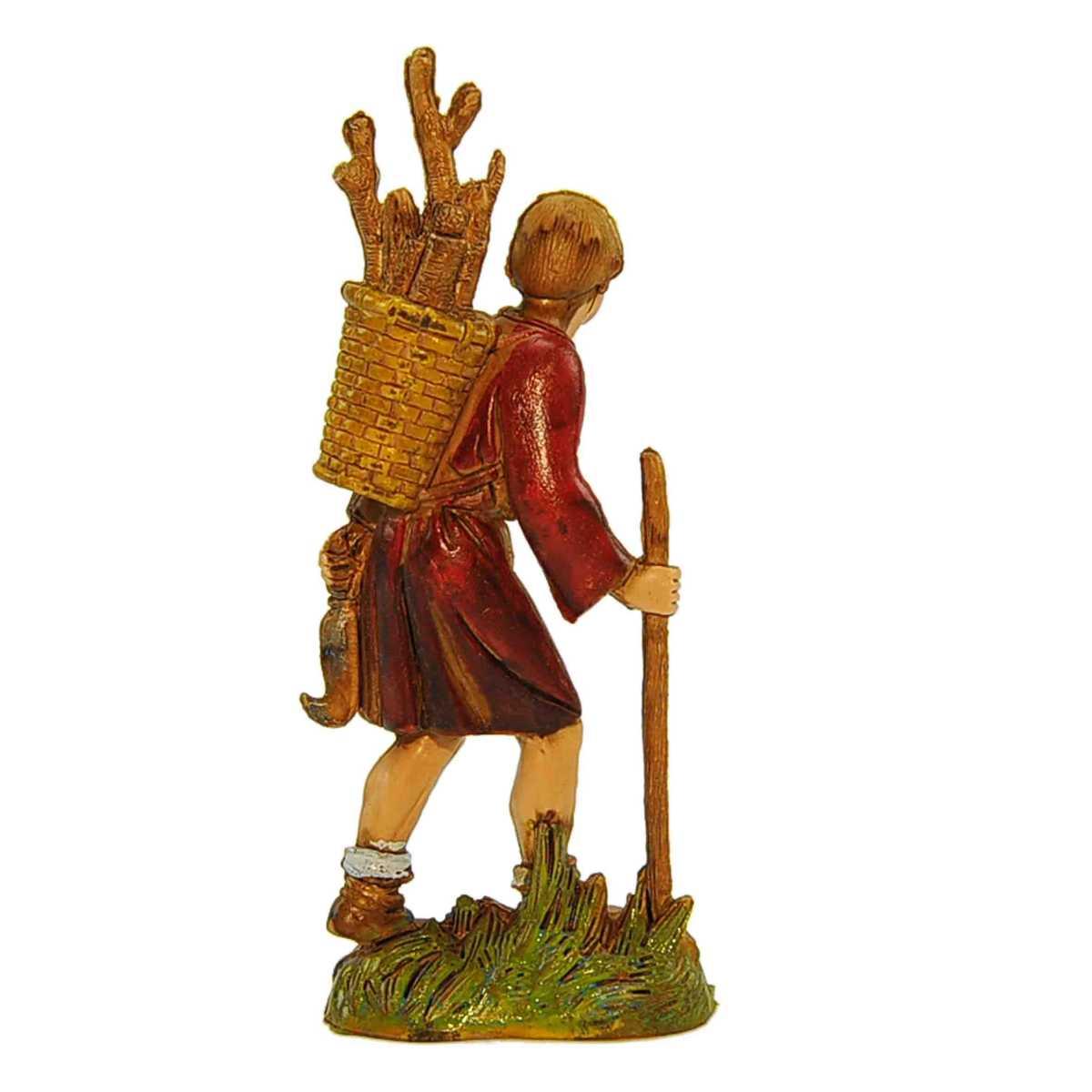 Statua presepe 10 cm legnaiolo bastone cesta sulle spalle
