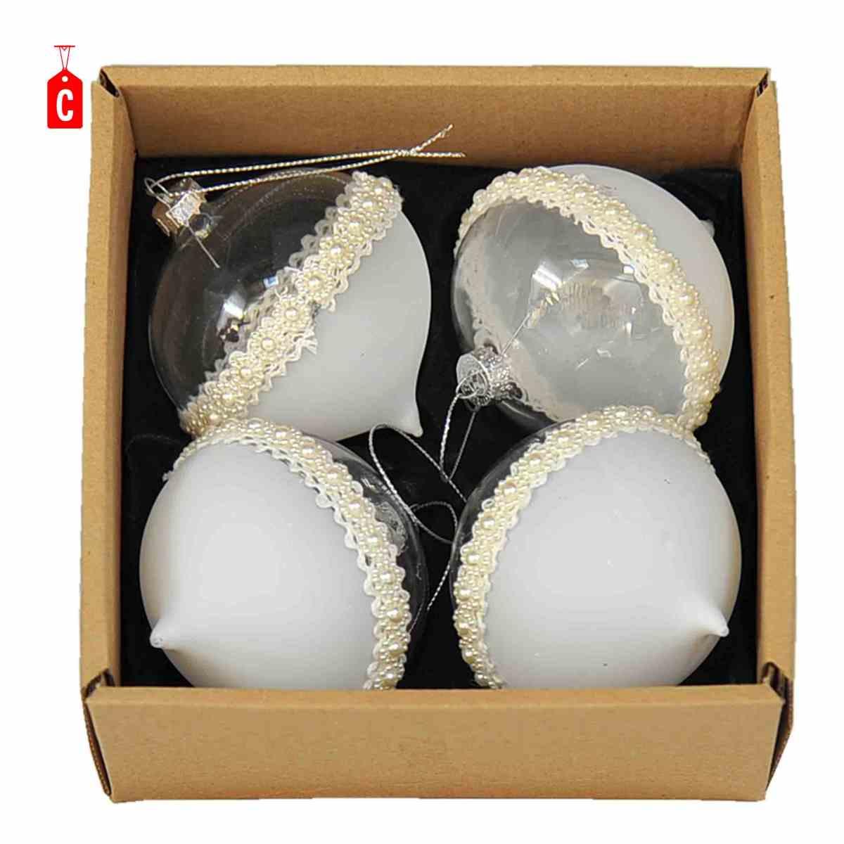 Pallina natalizia vetro bianco trasparente burano Set 4 pz