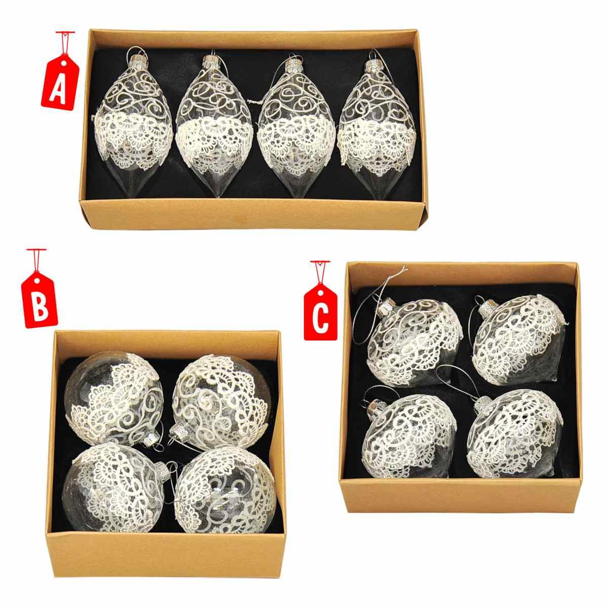 Pallina natalizia vetro trasparente ricamo Set 4 pz