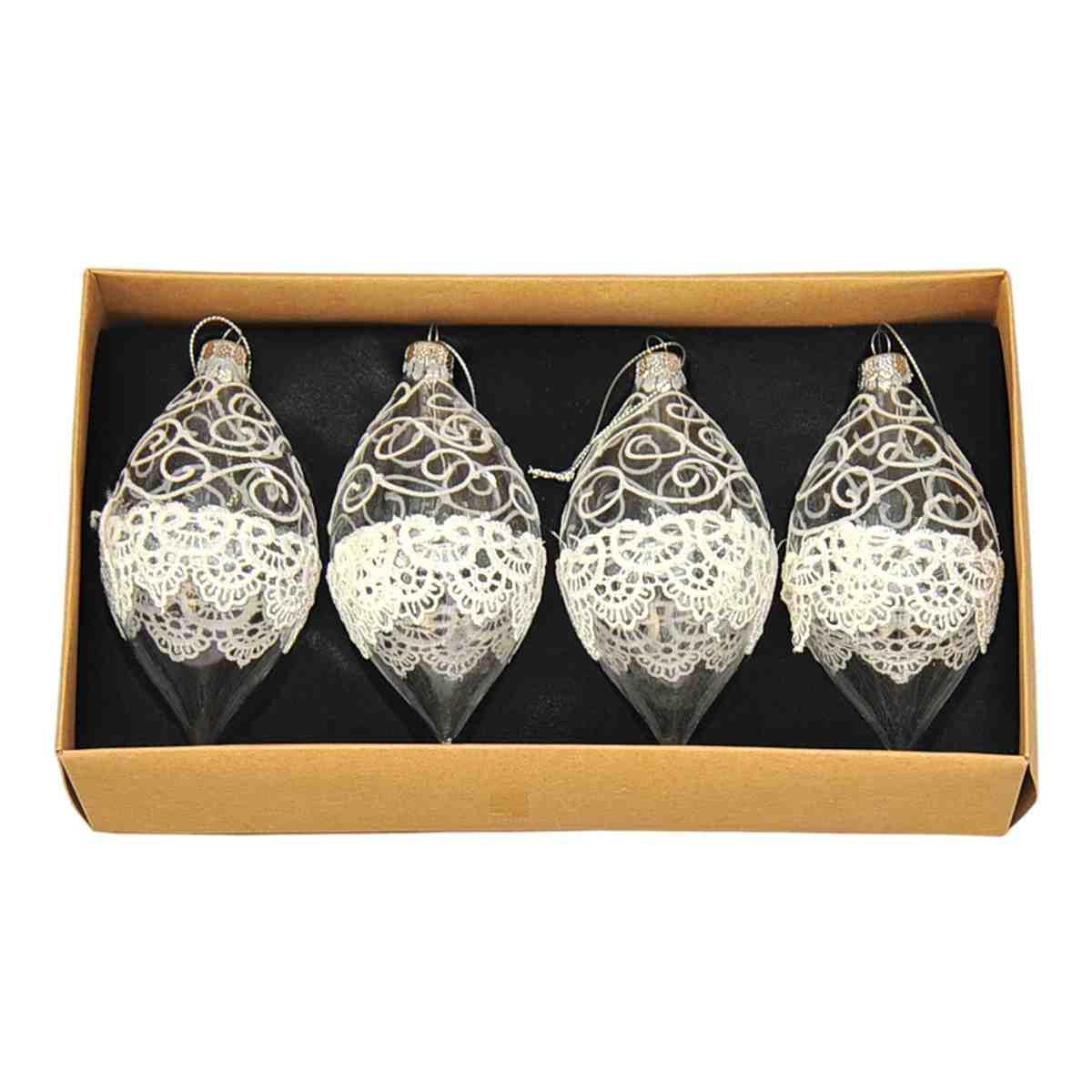 Pallina natalizia vetro trasparente ricamo Set 4 pz