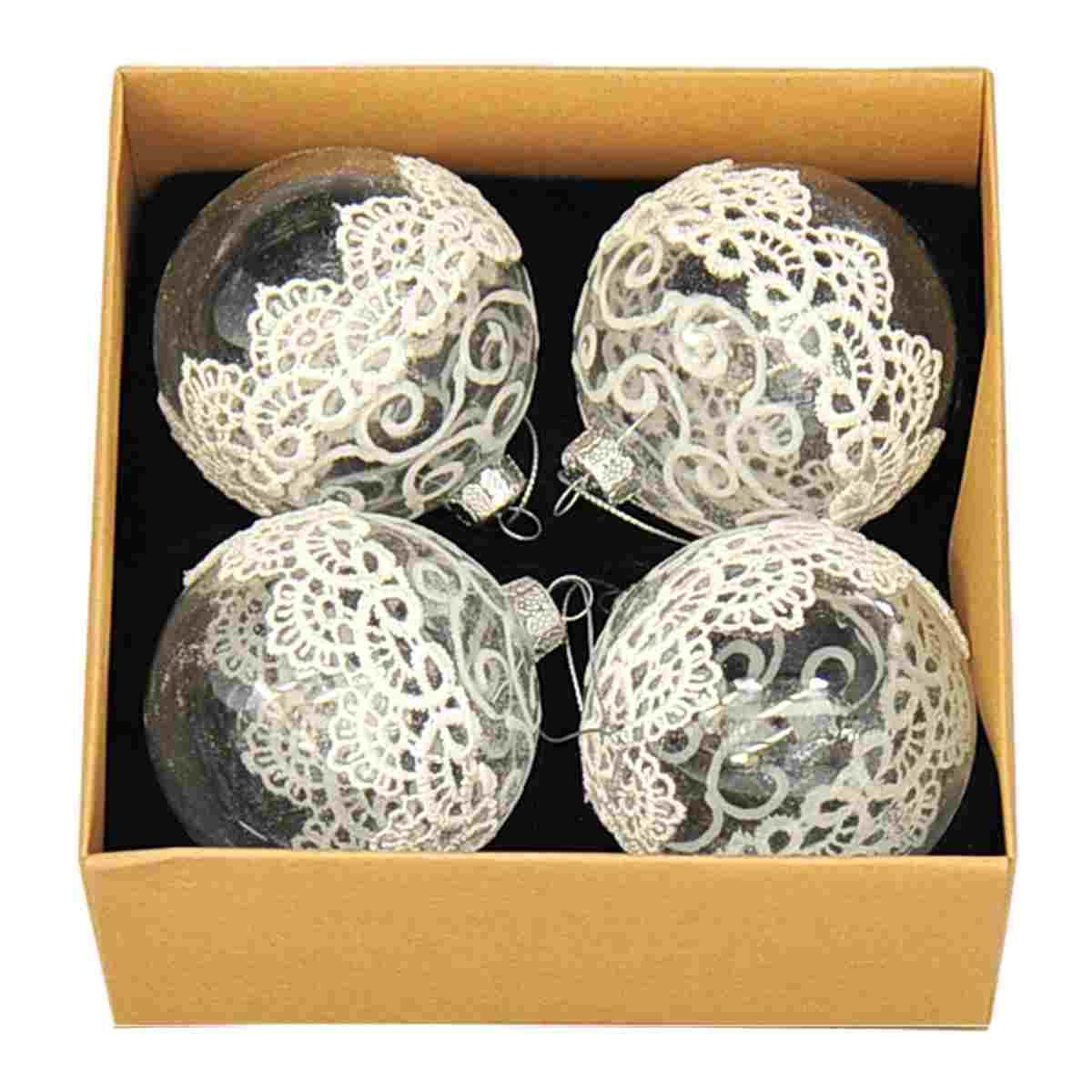 Pallina natalizia vetro trasparente ricamo Set 4 pz