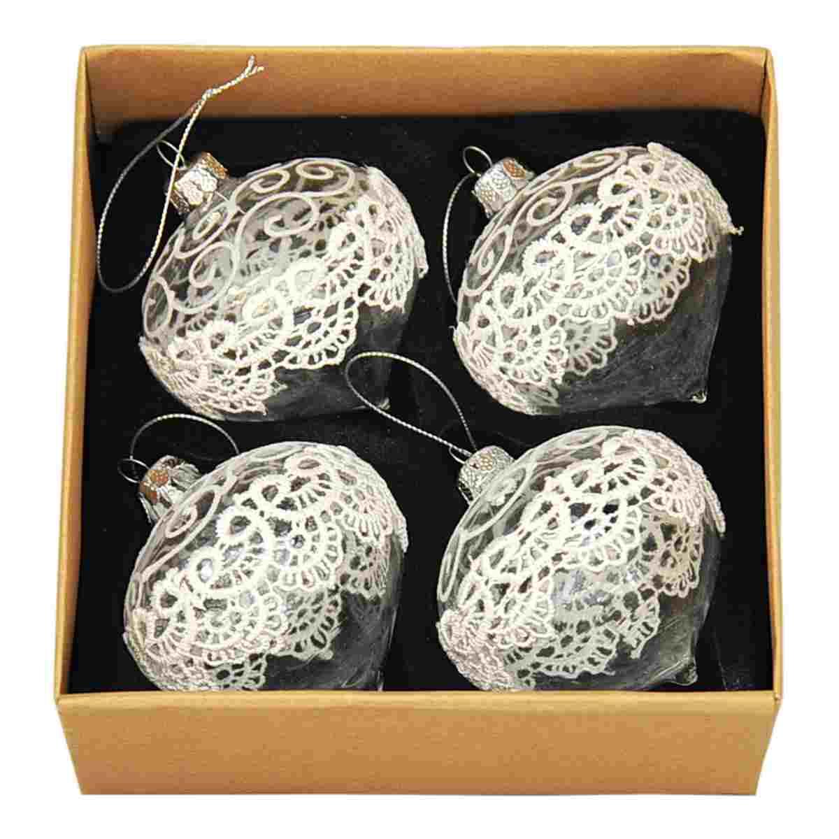 Pallina natalizia vetro trasparente ricamo Set 4 pz