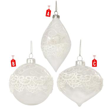 Pallina natalizia vetro trasparente ricamo Set 4 pz