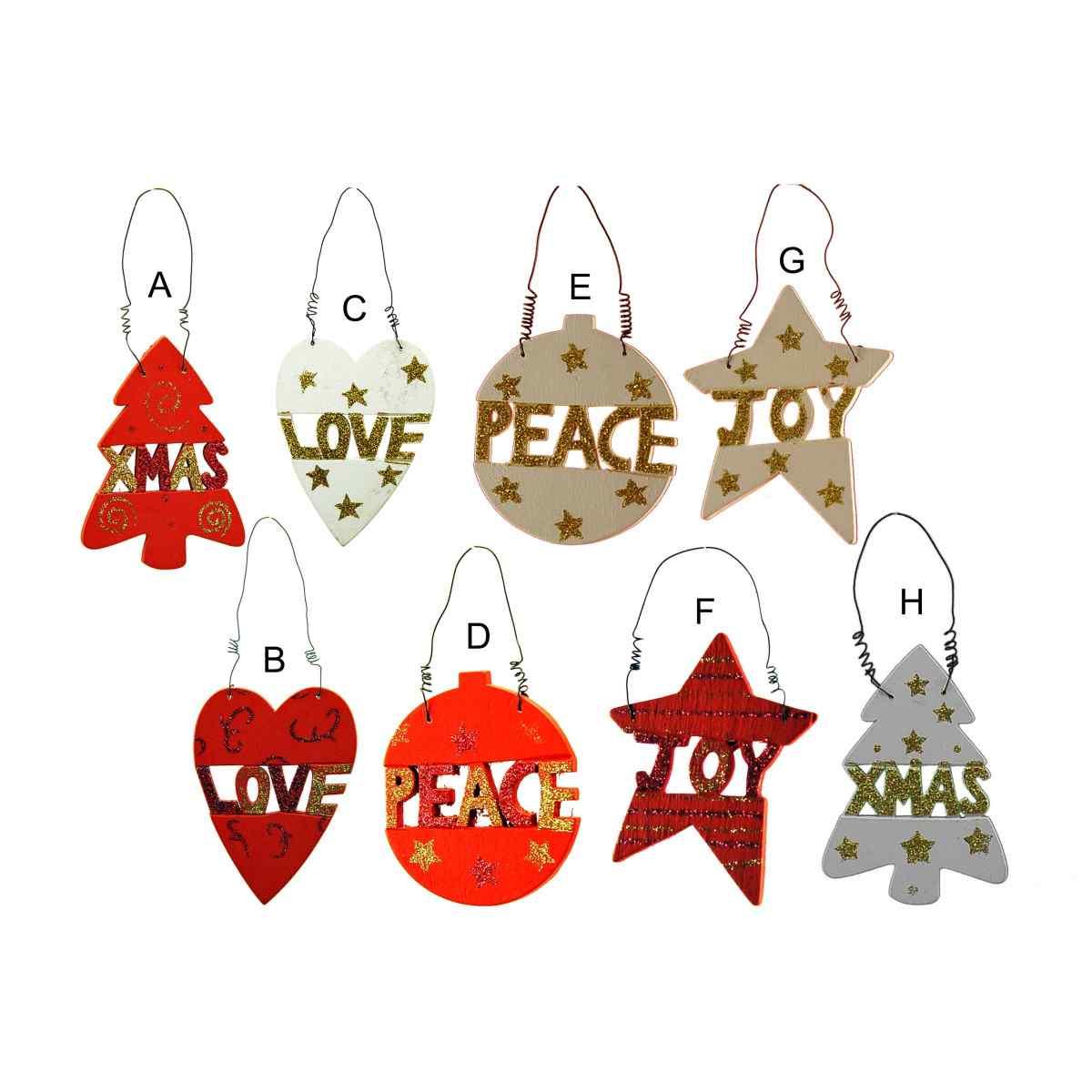 Decorazione natalizia legno love peace joy 10 cm