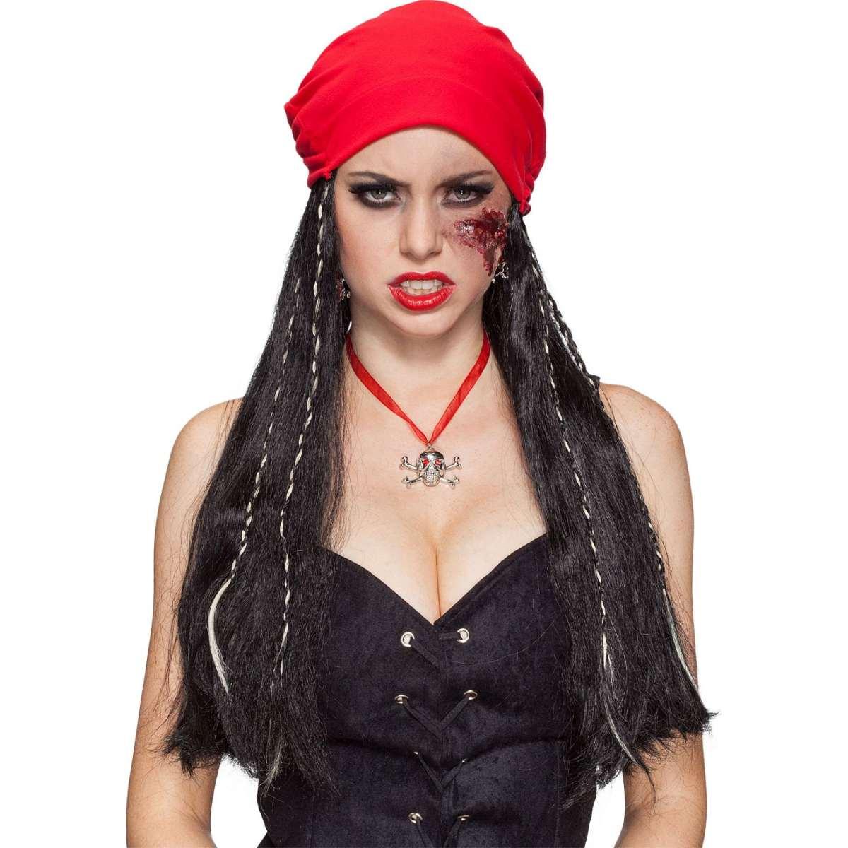 Parrucca pirata caraibi nera bandana rossa