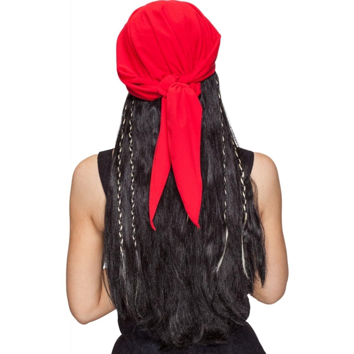 Parrucca pirata caraibi nera bandana rossa