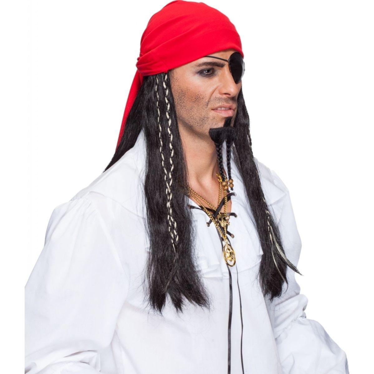 Parrucca pirata caraibi nera bandana rossa