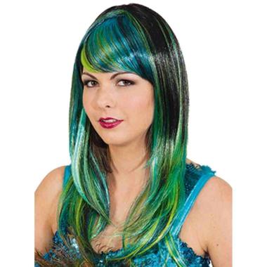 Parrucca nera blu verde liscia frangia