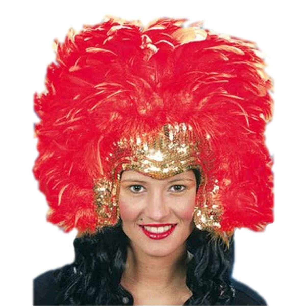 Copricapo samba paillettes oro piume rosse