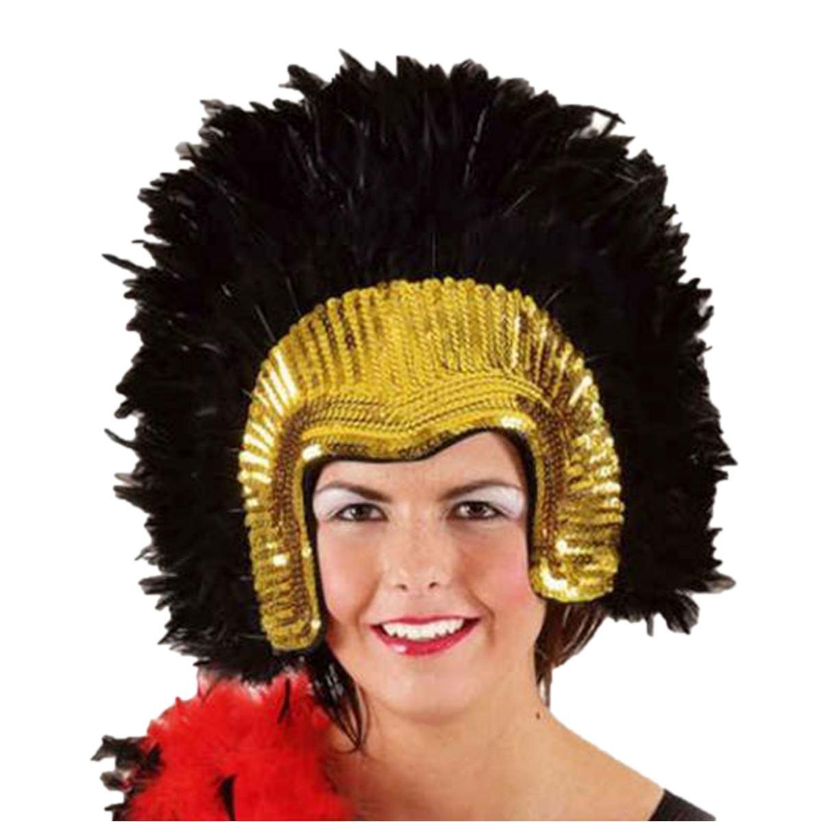 Copricapo samba paillettes oro piume nere