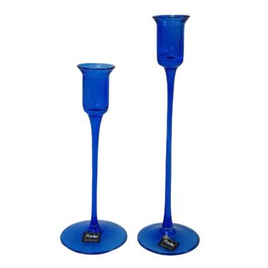 Candeliere 1 posto candela vetro blu Set 2 pz