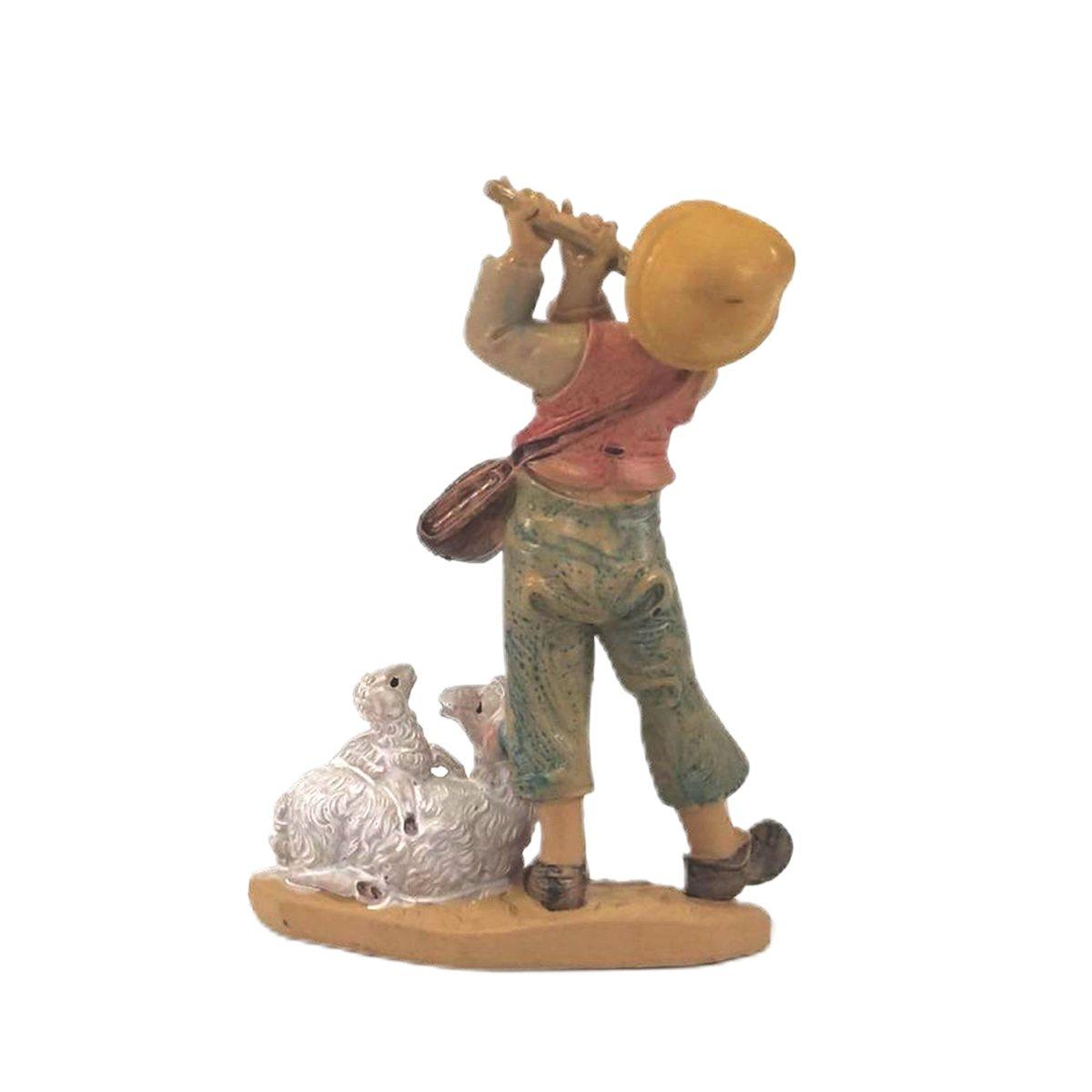 Statua presepe 10 cm pastorello flauto pecore