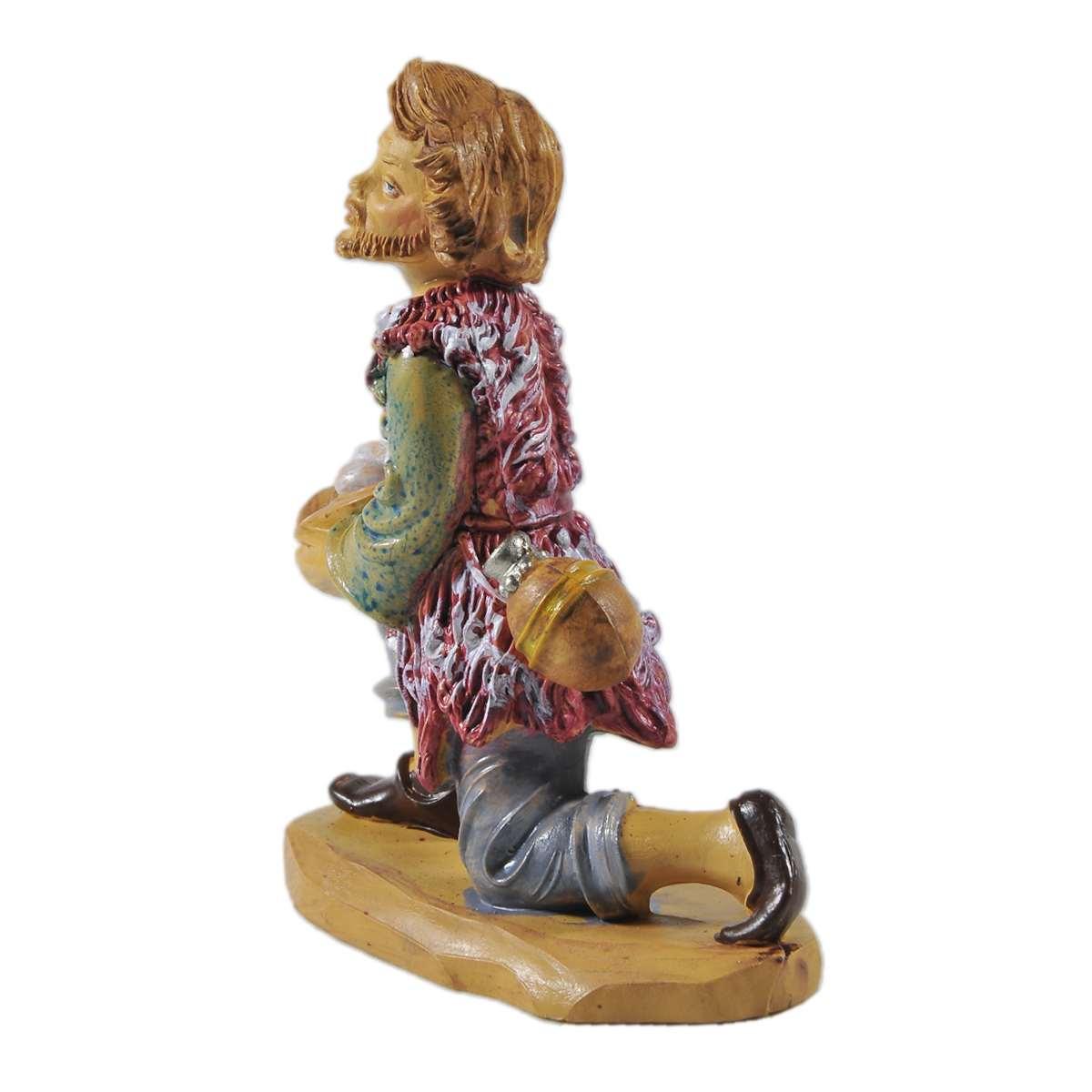 Statua presepe 12 cm pastore adorante in ginocchio cesta uova borraccia