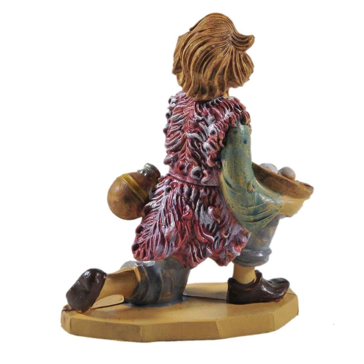 Statua presepe 12 cm pastore adorante in ginocchio cesta uova borraccia