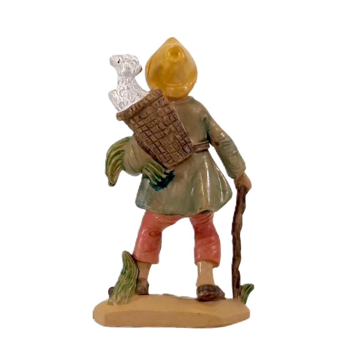 Statua presepe 12 cm pastore pecora sulle spalle bastone