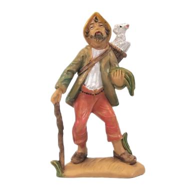 Statua presepe 12 cm pastore pecora sulle spalle bastone