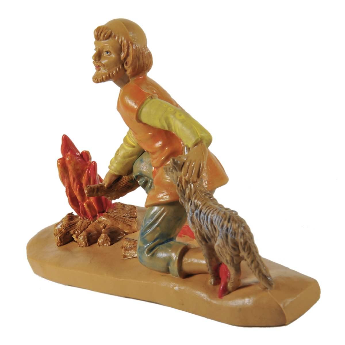 Statua presepe 12 cm uomo in ginocchio cane fuoco